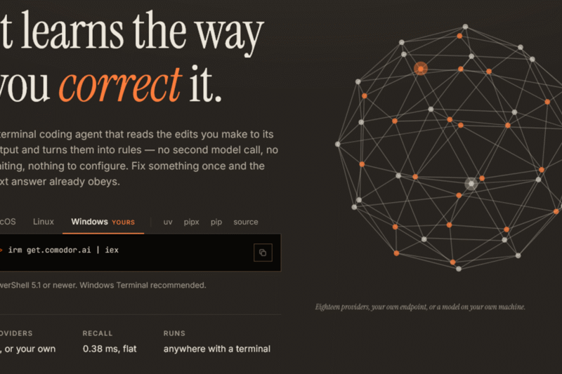 The Comodor self-improving AI coding agent running its Rich terminal interface