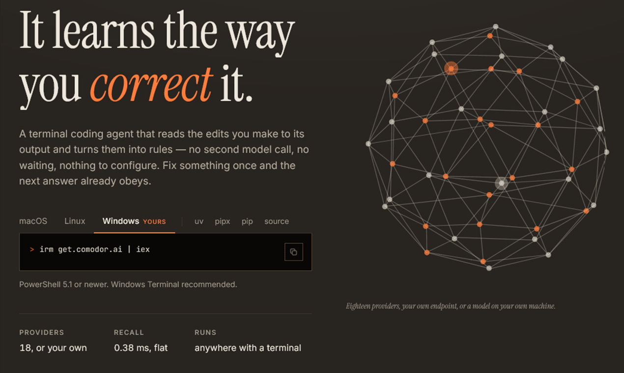 The Comodor self-improving AI coding agent running its Rich terminal interface